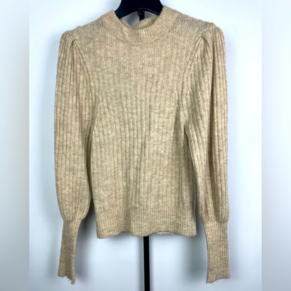 Leith Oatmeal Knit Puff Sleeve Pullover Sweater